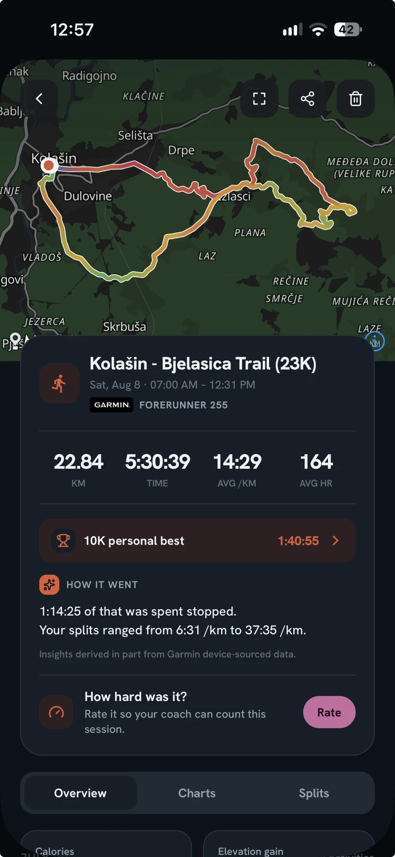 A trail run in Holt: the route drawn on a map, then distance, time, pace and heart rate, a personal best, and a line on how it went.