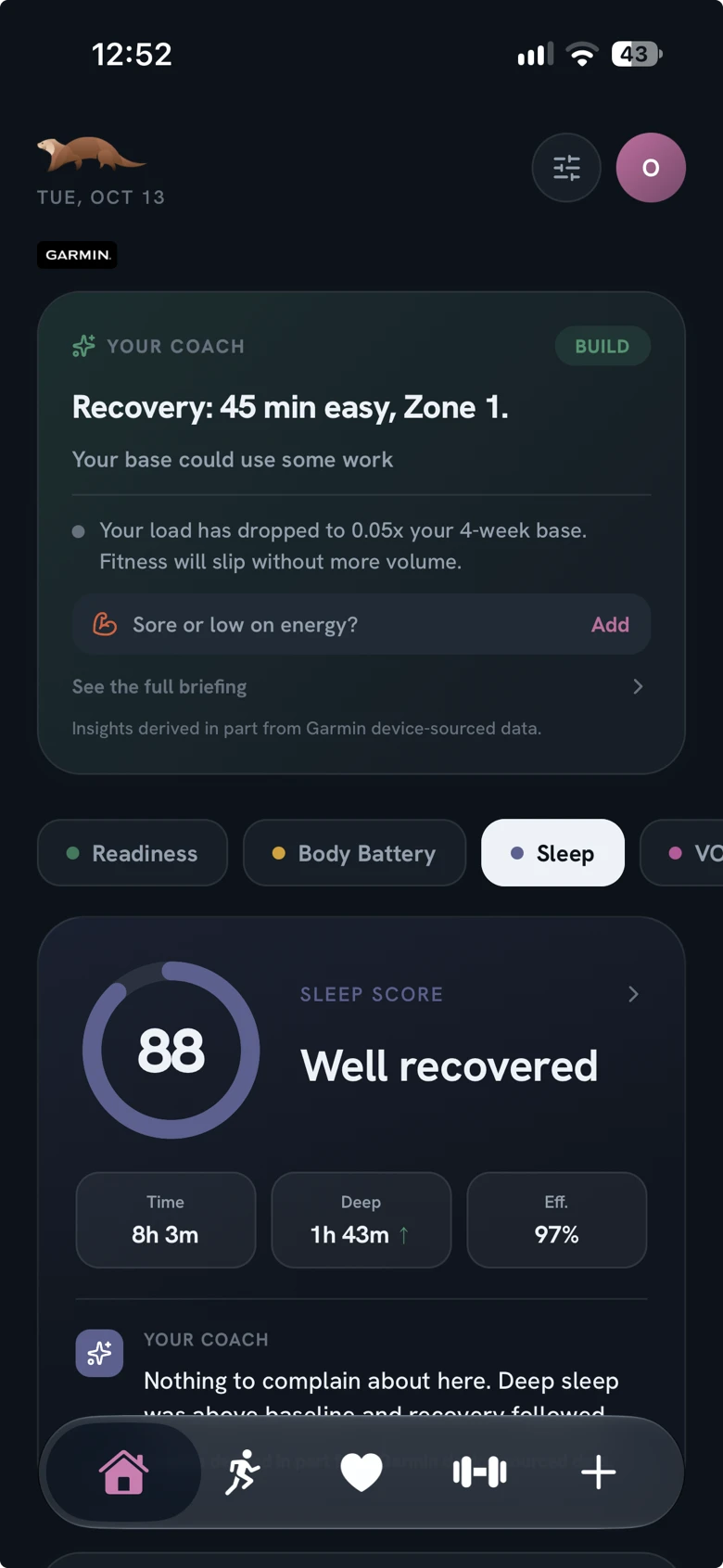 Holt's Home screen: today's call from the coach, then last night's sleep score with one line on what it means.